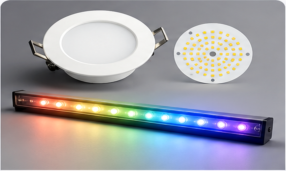 Dimtronics LED downlight, circular LED panel and coloured LED bar