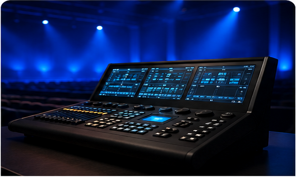 Professional theatre lighting control console and stage lighting
