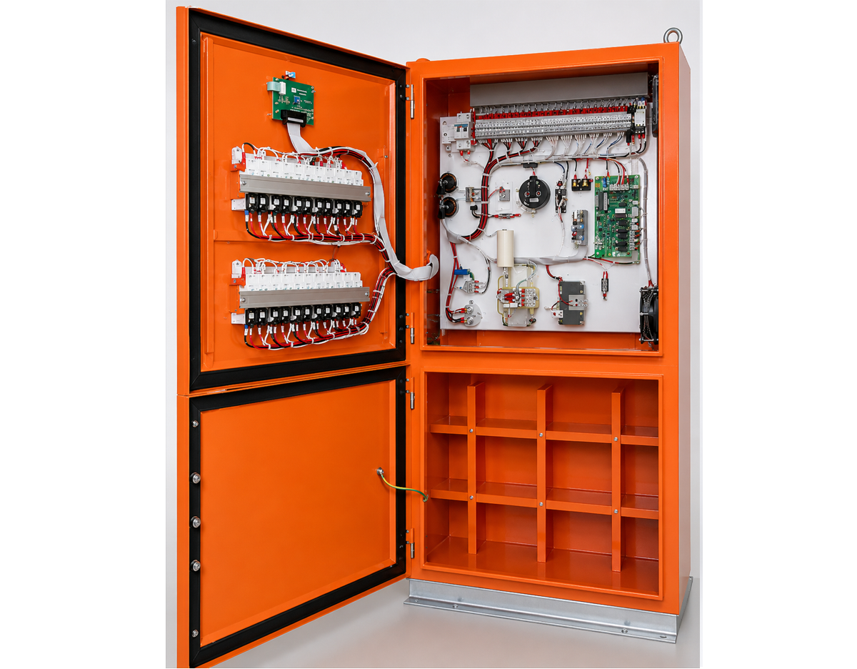 Internal view of an industrial transformer battery charger