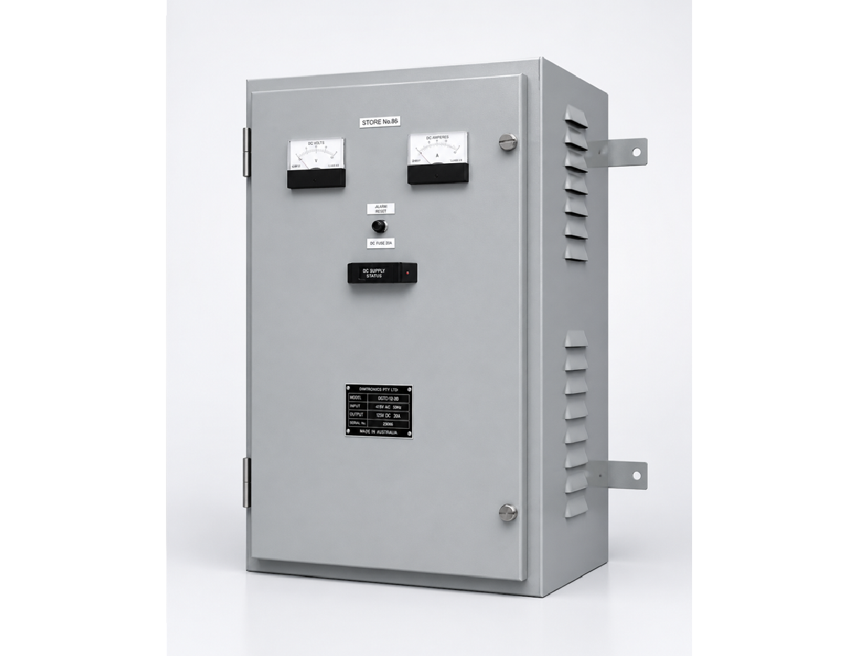 Wall-mounted transformer battery charger with analogue meters